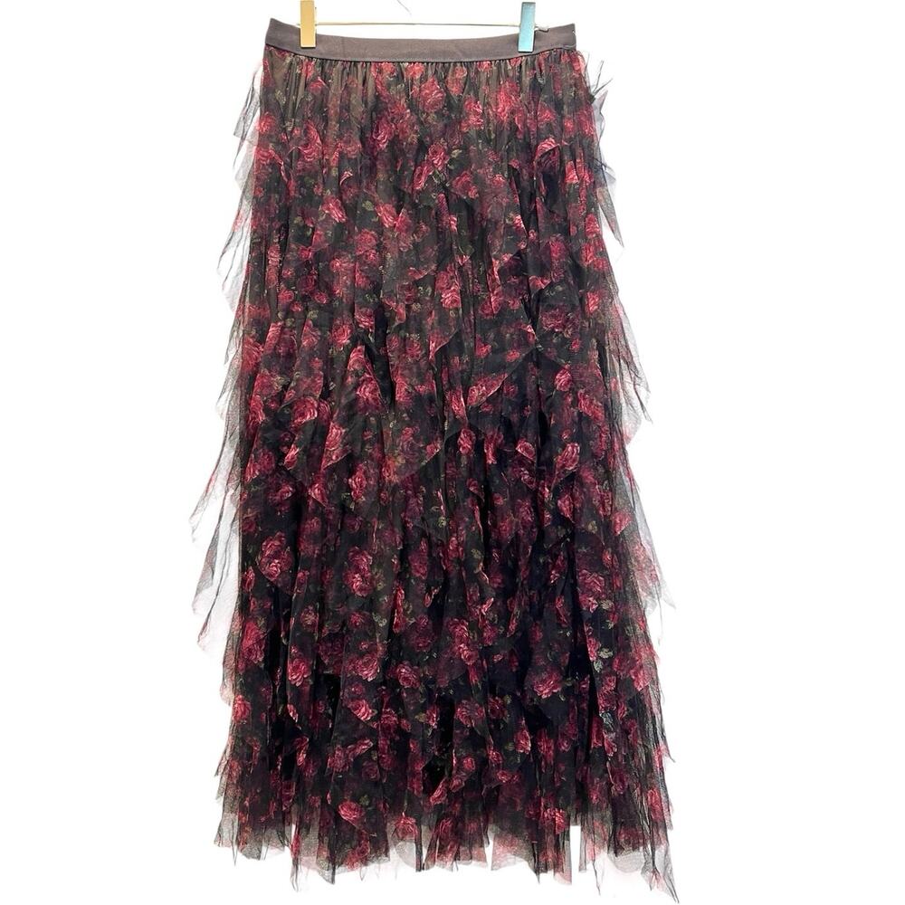 Black Mesh Floral Tulle Midi Skirt Layered Ruffle Gothic Rose Romantic Large